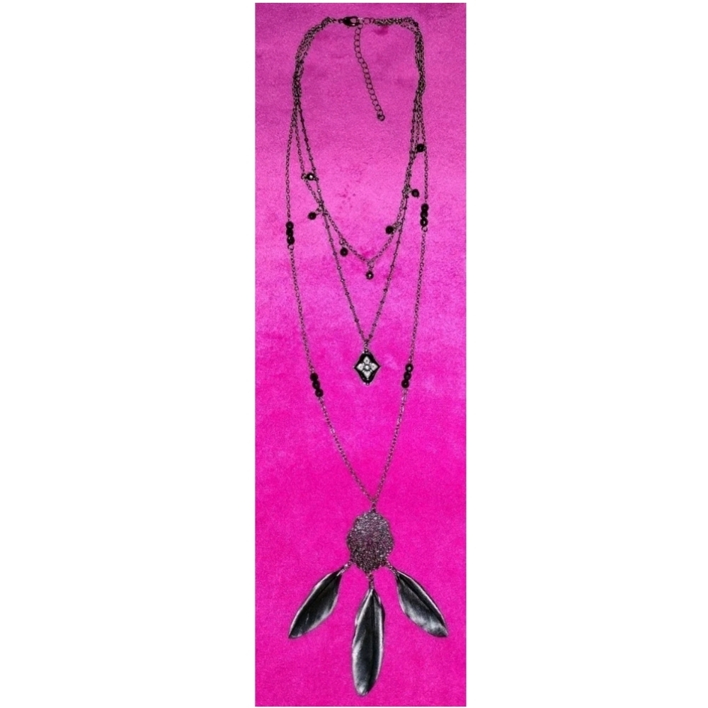 Black Steel Mosaic Pendant Feathers 4Pointed Cross Star Statement Piece Necklace